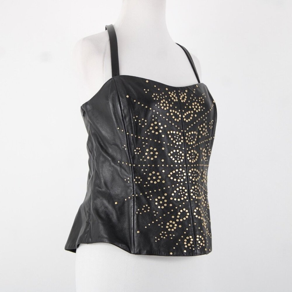 Dana Buchman Sz 12 Black Bronze Lined Studded 100% Leather Poly Lined Corset Top - Picture 4 of 16